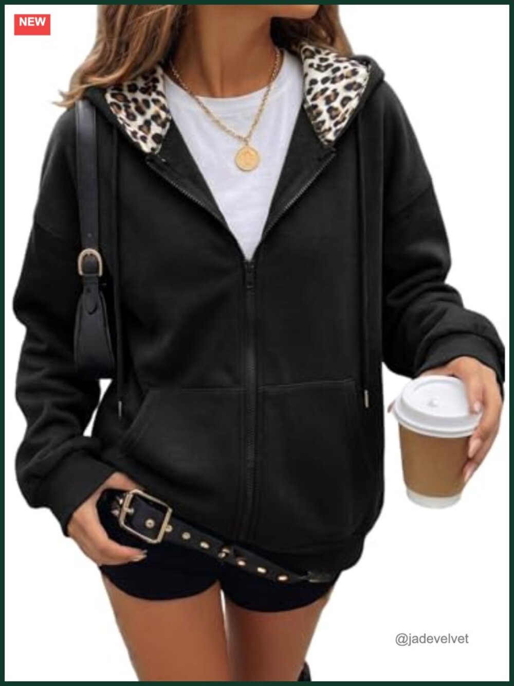 Leopard Lined Full Zip Hoodie With Pockets - Oversized Cozy Women's Sweatshirt